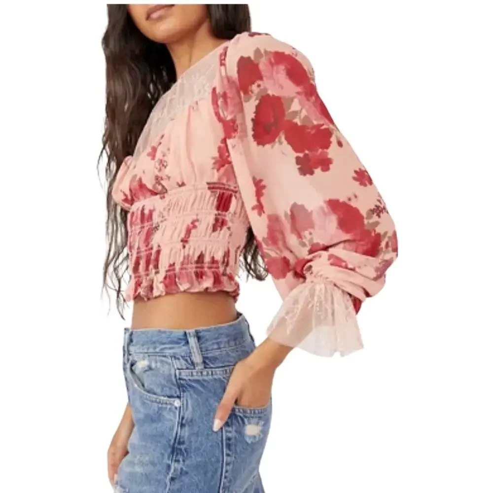 Free People Boho Daphne Pink Floral Long Sleeve Smocked Crop Top Medium NWT